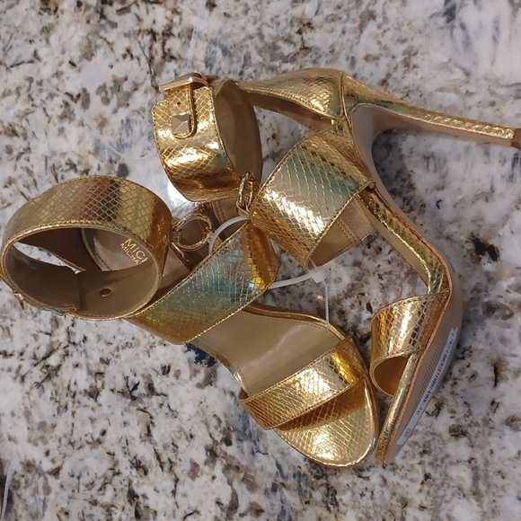 Michael Kors Amos Gold Leather & Hardware Sandals Slide Shoes Heels Pump NEW - Picture 8 of 17